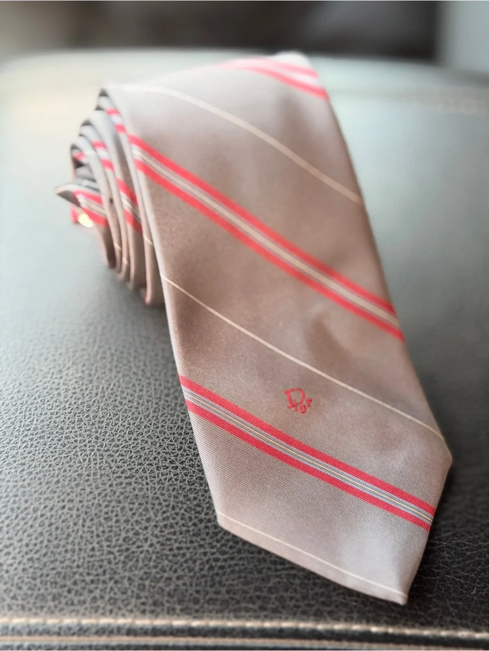 Dior Gray Silk Tie with Red and White Diagonal Stripes